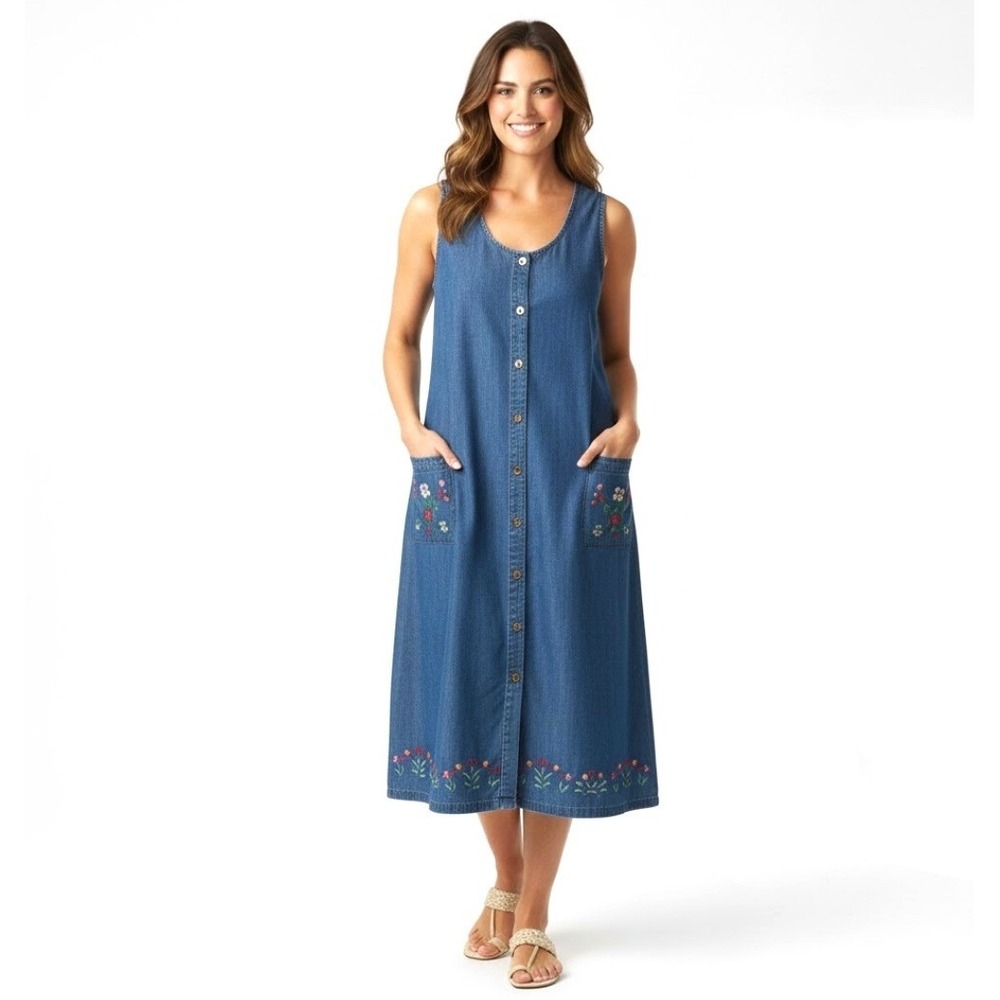 Lemon Grass Womens Blue Denim Embroidered‎ Button Front Midi Dress Plus Size P